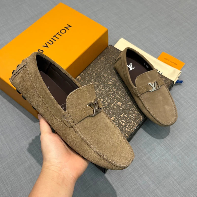 Taupe Grey Suede Louis Vuitton Men's LV Initial Buckle Loafers
