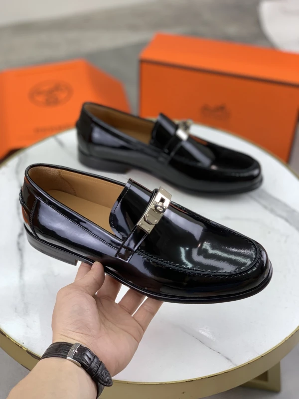 High-Shine Jet Black Hermès Men's Patent Leather Silver Lock Buckle Loafers