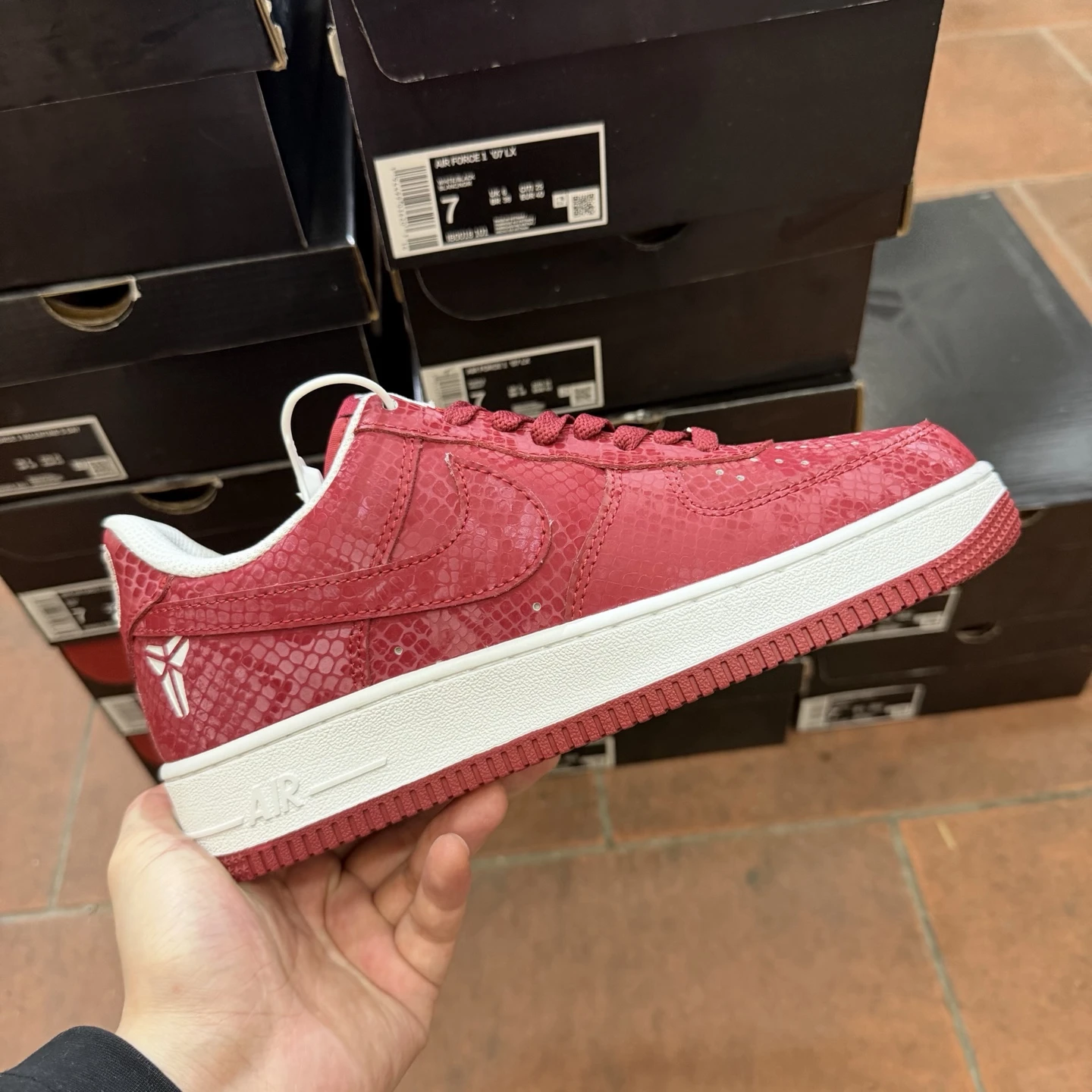 Nike Air Force 1 Low Mamba Edition Sneakers – Burgundy Red & White Snakeskin