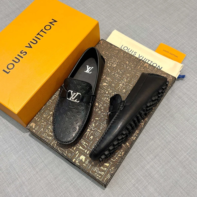 Monogram Embossed Sleek Black Louis Vuitton Men's Leather LV Initial Buckle Loafers