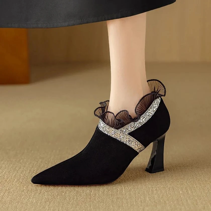 Pointed Toe Suede High Heel Pumps with Zipper & Lace Detail