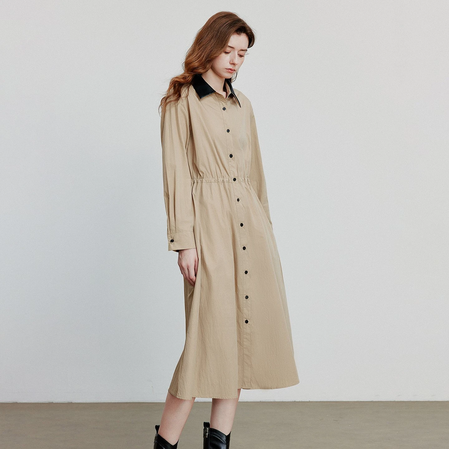 Women's Ankle-Length Turn-Down Collar Slim Fit Shirt Dress