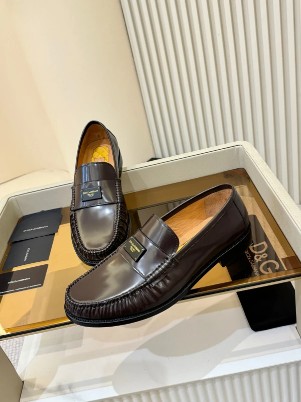 High-Shine Glossy Dark Brown Dolce & Gabbana Men's Leather Plaque Loafers