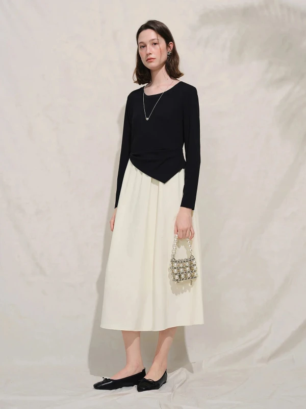 French Color Block Shift Dress – Elegant Mid-Calf Workwear Style