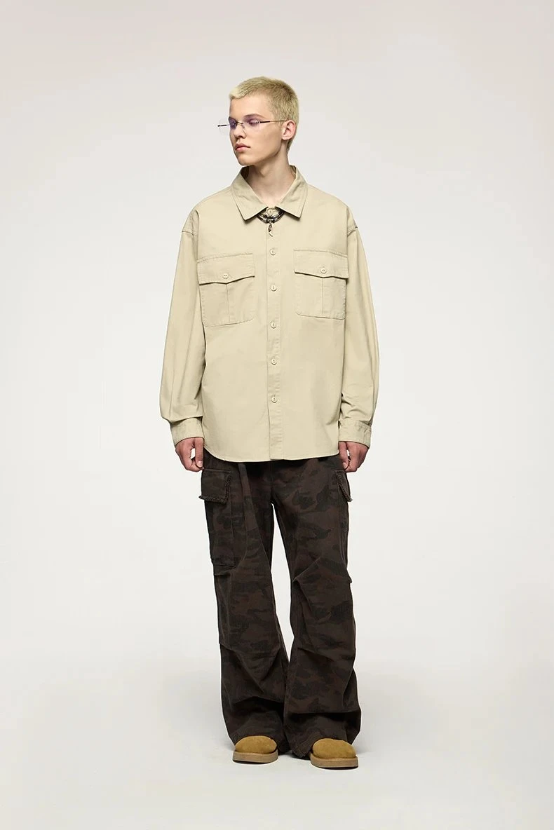 Men’s Vintage Turn-Down Collar Cotton Shirt with Pockets