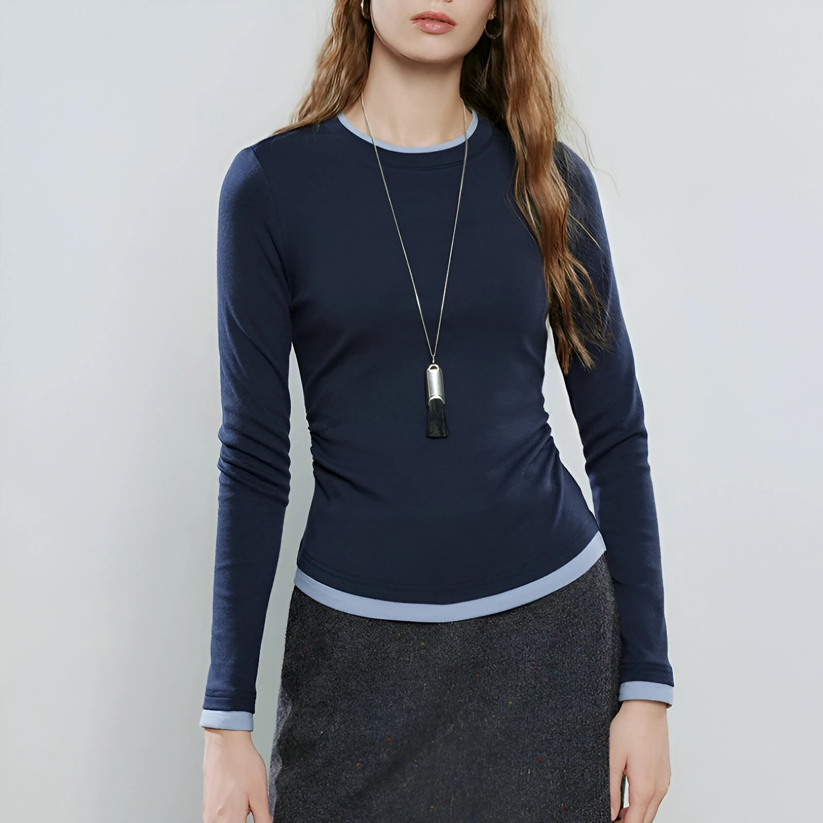 Asymmetric Color-Block Crew Neck Long-Sleeve Top for Women