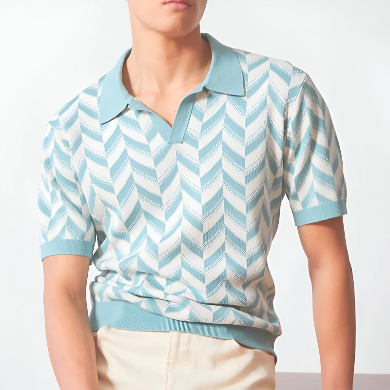 Luxury Men's Summer Knit Polo Shirt – Breathable Jacquard V-Neck Short Sleeve