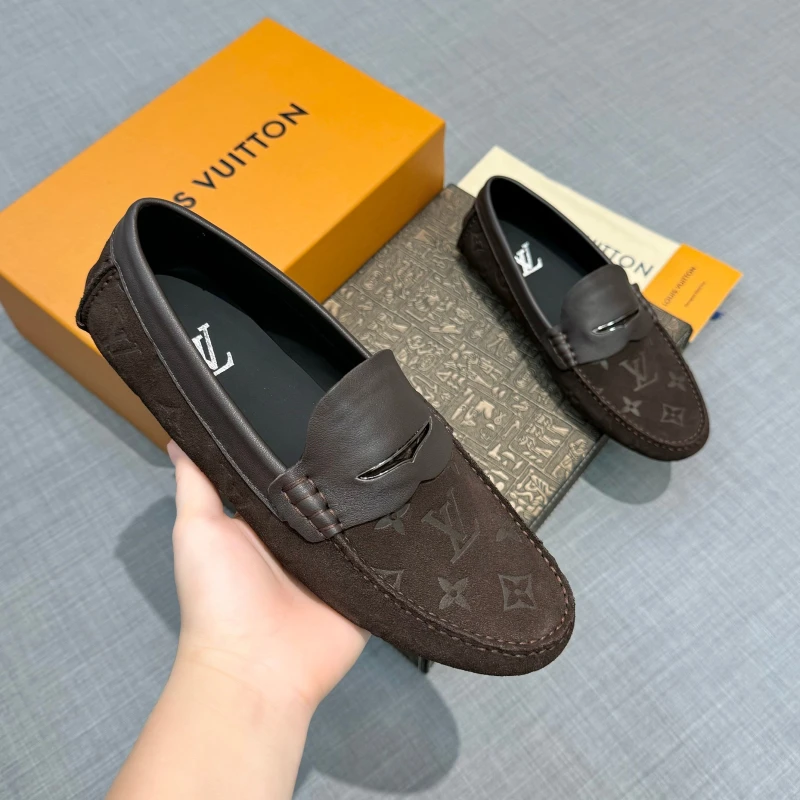 Monogram Debossed Espresso Dark Brown Louis Vuitton Men's Suede Leather Strap Loafers