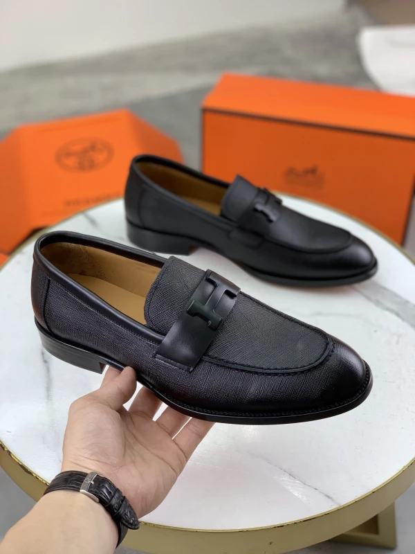 All-Black Hermès Men's Textured Crosshatch Leather Matte 'H' Buckle Loafers
