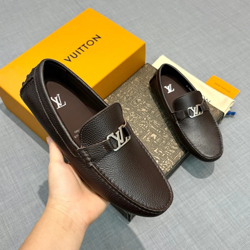 Textured Dark Brown Louis Vuitton Men's Grained Leather LV Initial Buckle Loafers