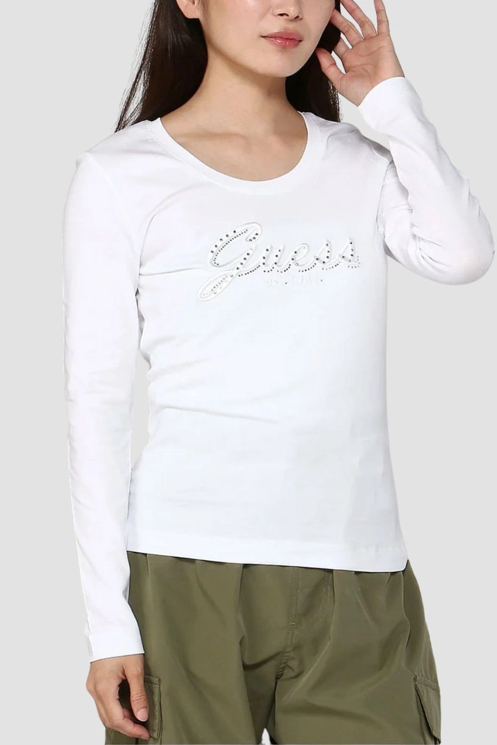 Guess Women's Long Sleeve Rhinestone-Embellished White T-Shirt