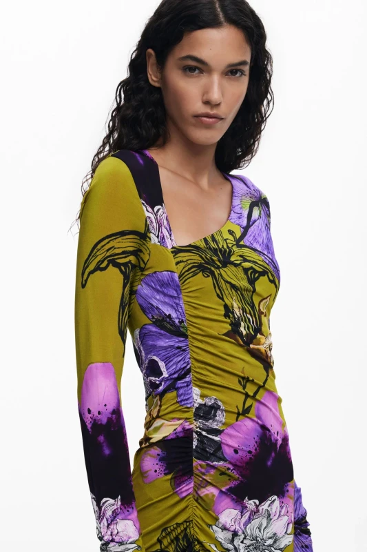 Desigual Women's Green Floral Dress for Winter - Long Sleeve, Viscose Blend