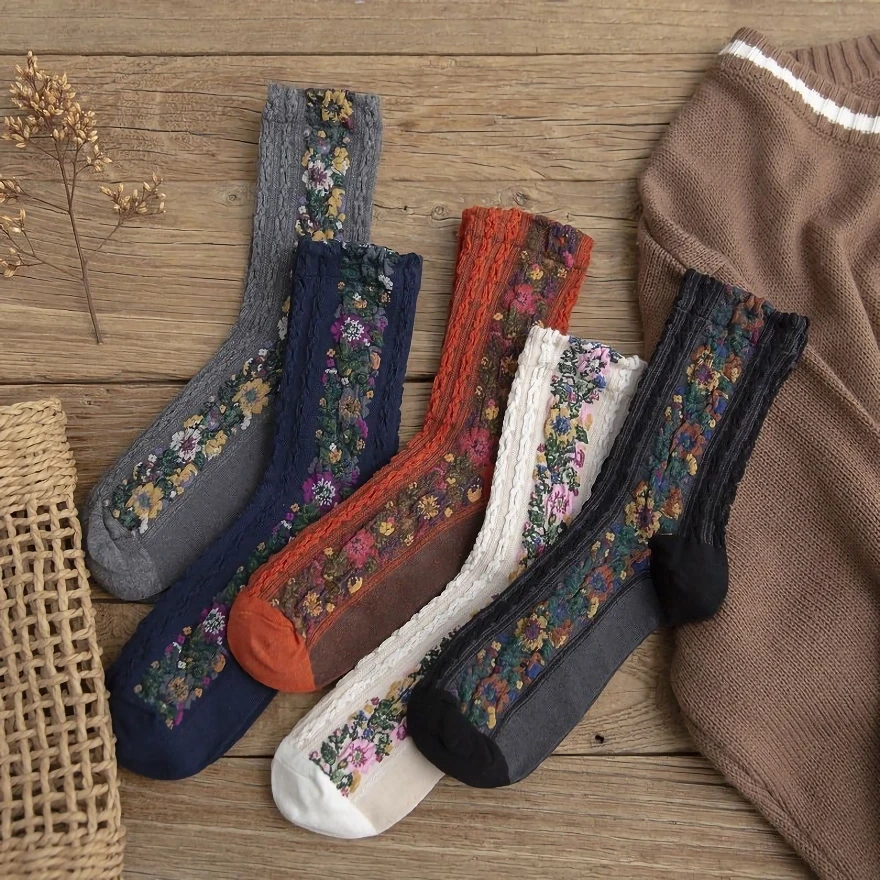 5 Pairs Women’s Casual Floral Mid Tube Socks - Spring Fashionable and Comfortable