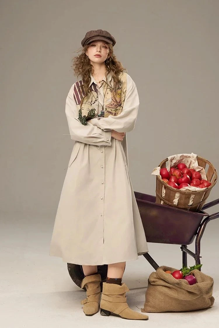Women’s Vintage Print Shawl Collar Button Down Maxi Dress