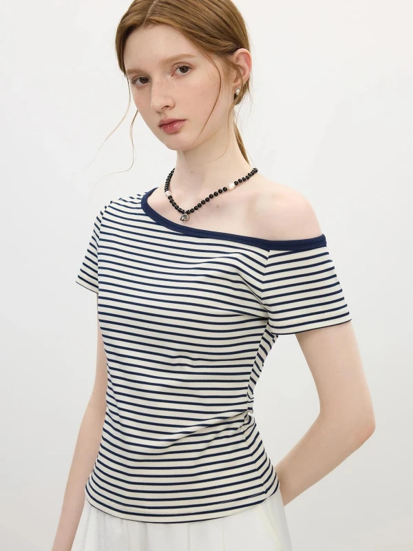 Off-Shoulder Striped Slim Fit Summer Tee for Women