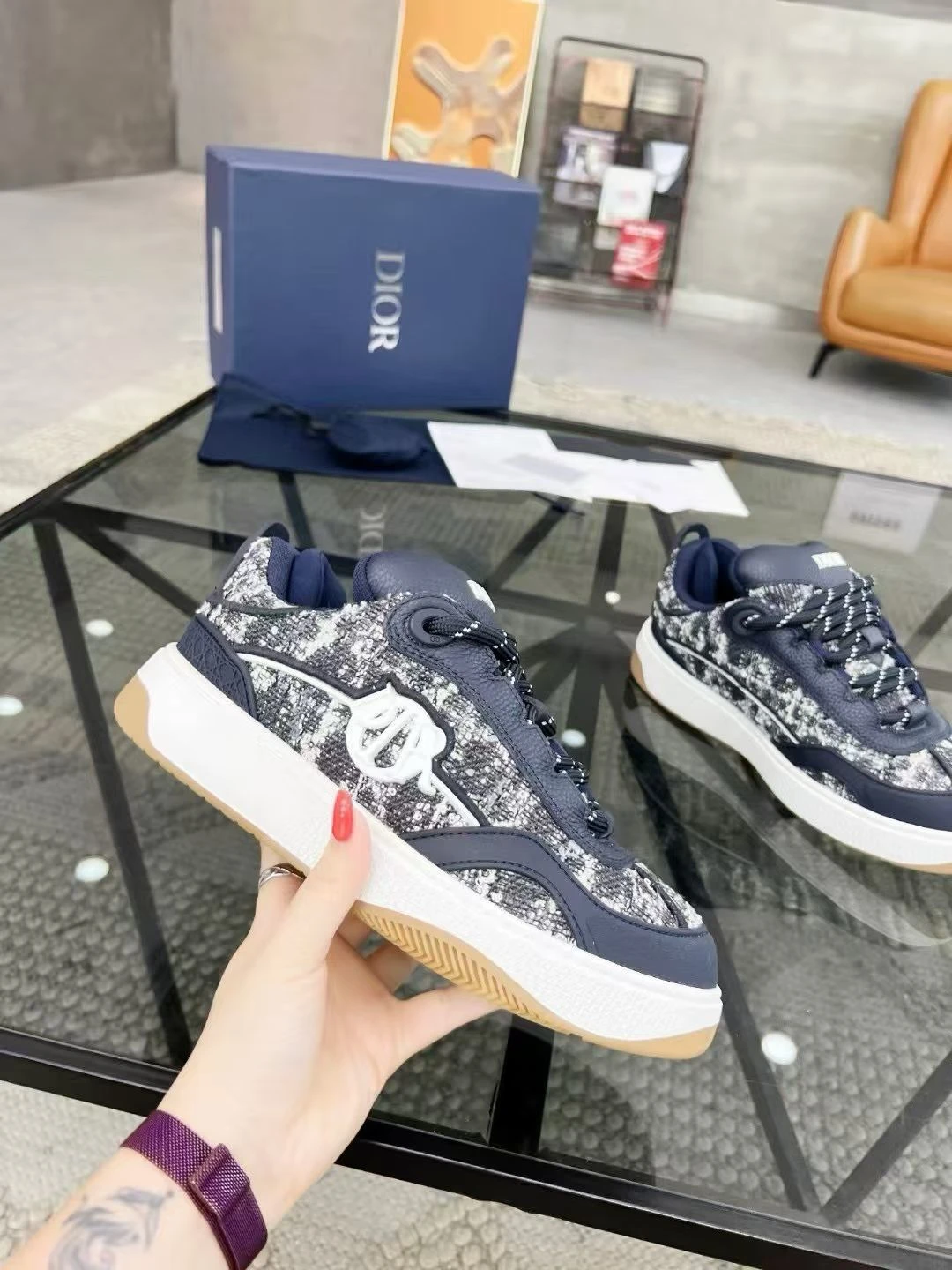 Navy Blue, Grey, White, and Gum Christian Dior Men's B27 Oblique Jacquard Low-Top Sneakers