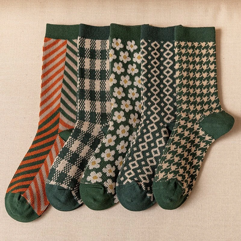 5-Pair Women’s Retro Cotton Crew Socks