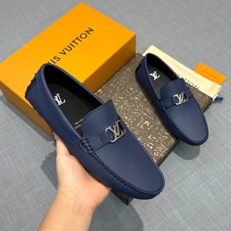 Cross-Hatch Textured Royal Navy Blue Louis Vuitton Men's Taiga Leather LV Initial Buckle Loafers