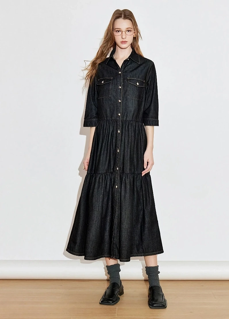 Women's Black Denim Patchwork A-Line Midi Dress with Three Quarter Sleeves