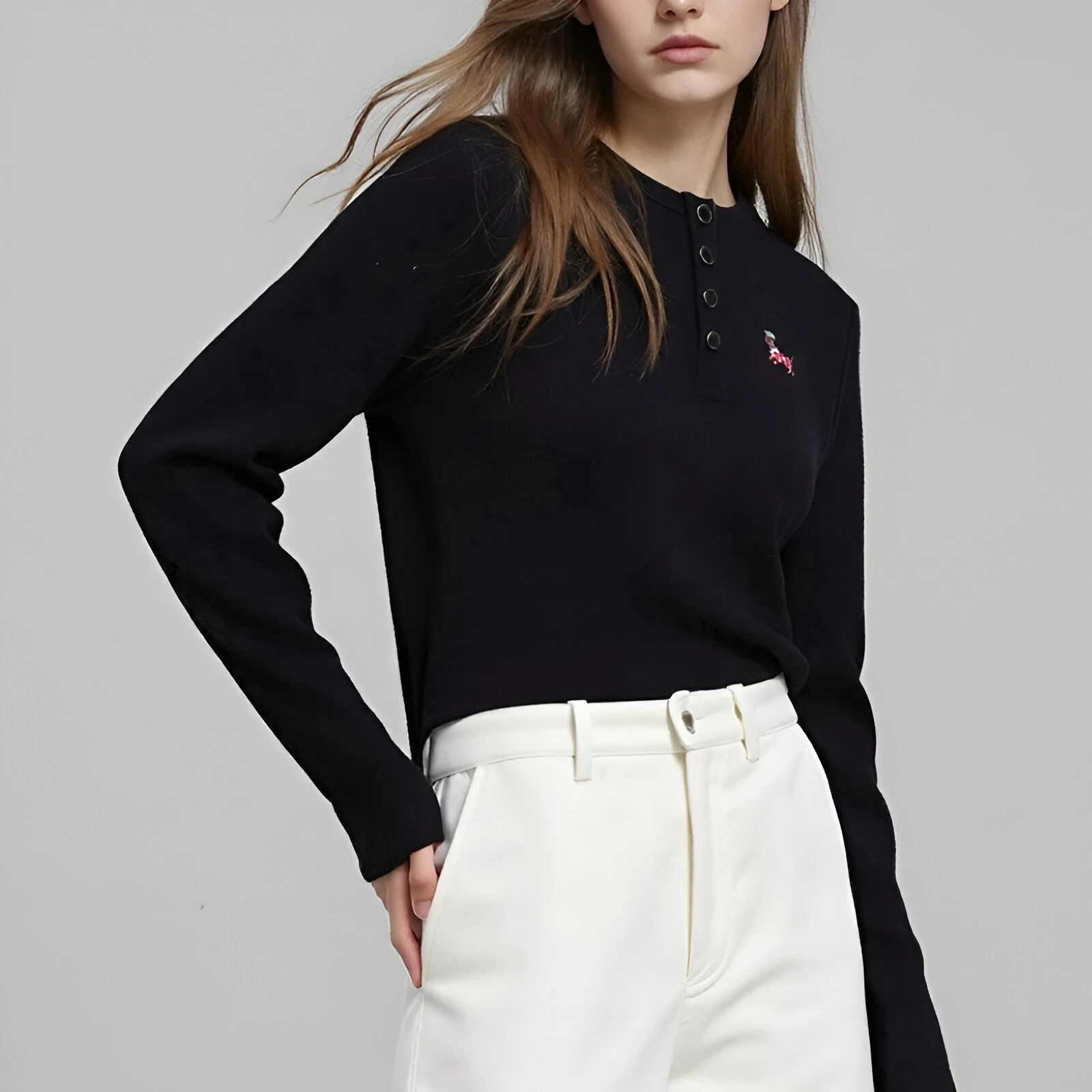 Asymmetric Free-Cut Dog Embroidery Fitted Winter T-Shirt for Women