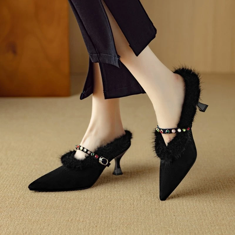 Pointed Toe Slingback Leather Pumps with Fur Accent
