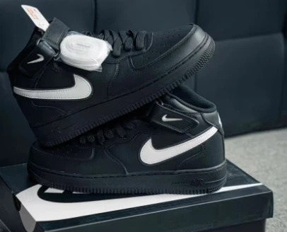 Nike Air Force 1 Mid '07 Triple Black White Swoosh Sneakers