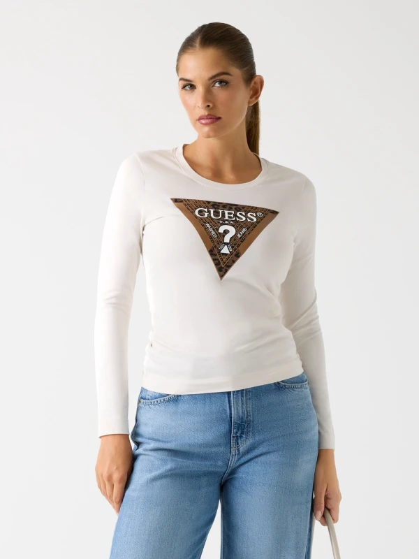 Guess Women's Beige Long Sleeve Print T-Shirt - Fall/Winter Collection