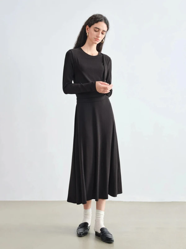 Women’s Elegant Faux Two-Piece A-Line Knit Dress, Ankle Length