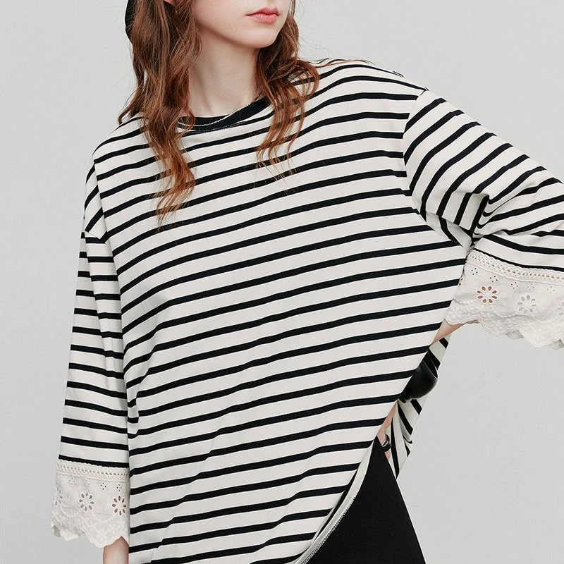Women's Loose Fit Striped Cotton T-Shirt with Lace Detailing