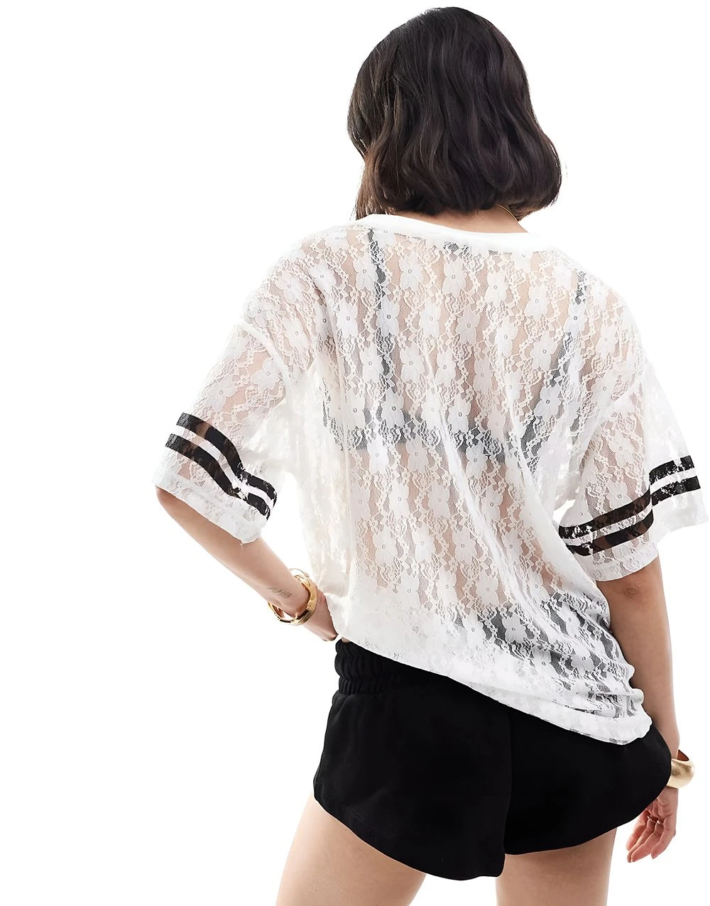 Women’s Lace V-Neck Football Tee – Sheer Summer Number Print Top