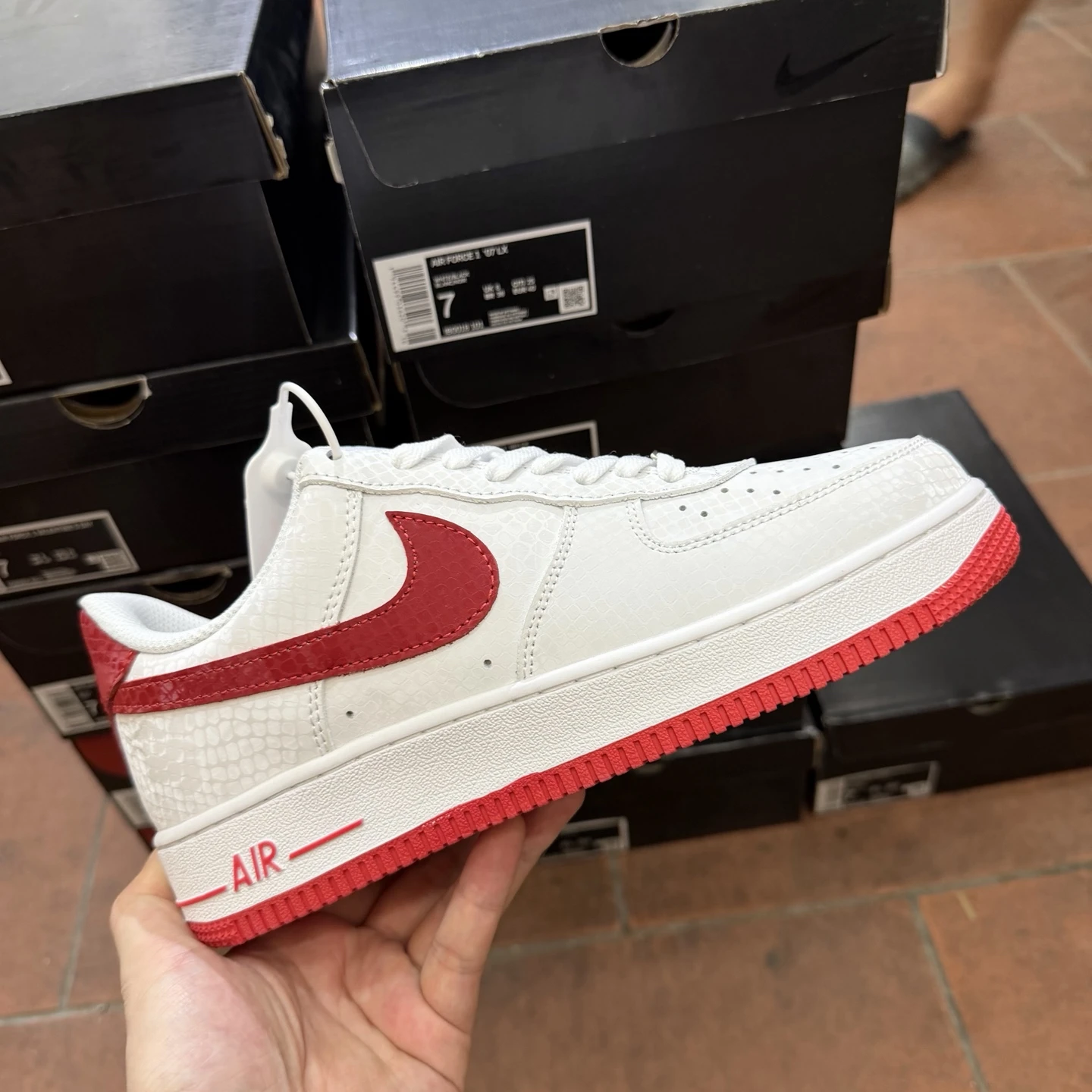 Nike Air Force 1 Low Mamba Edition Sneakers – White, Silver & Red Snakeskin