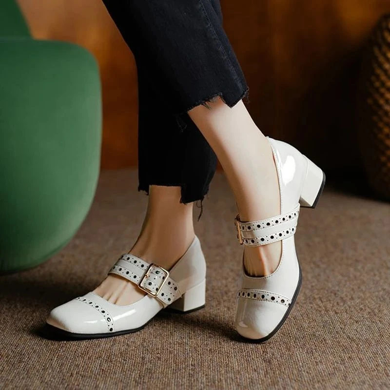 Women’s Patent Leather Mary Jane Pumps with Square Toe & Chunky Heel