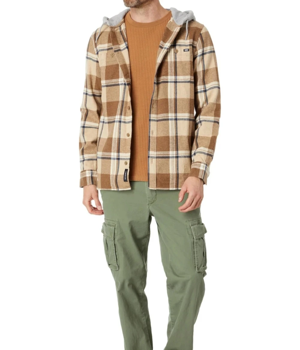 Vans Men's Beige Cotton Hooded Long Sleeve Button-Up Shirt