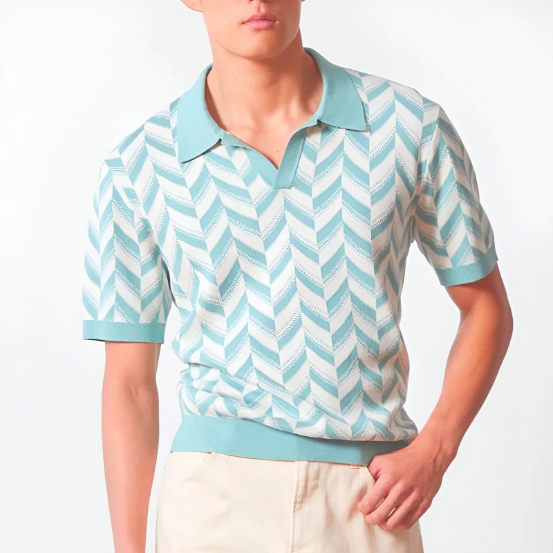 Luxury Men's Summer Knit Polo Shirt – Breathable Jacquard V-Neck Short Sleeve