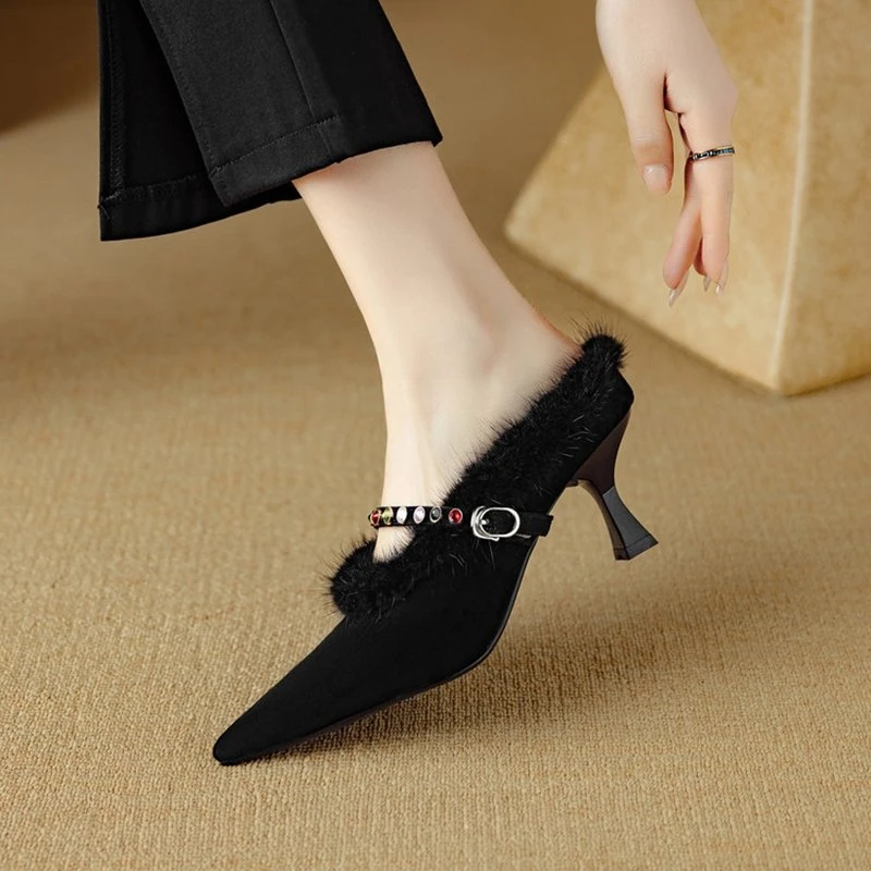Pointed Toe Slingback Leather Pumps with Fur Accent