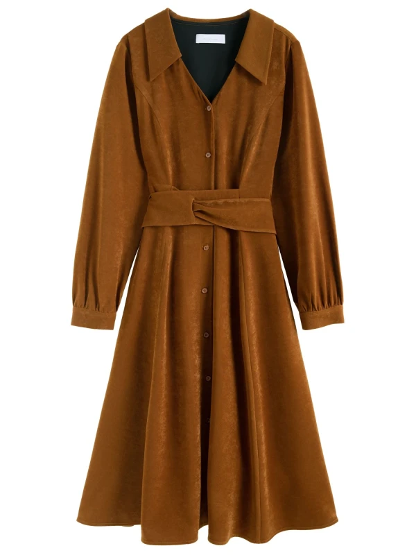 Winter Velvet Fit & Flare Long Dress with Cross-Belt Design