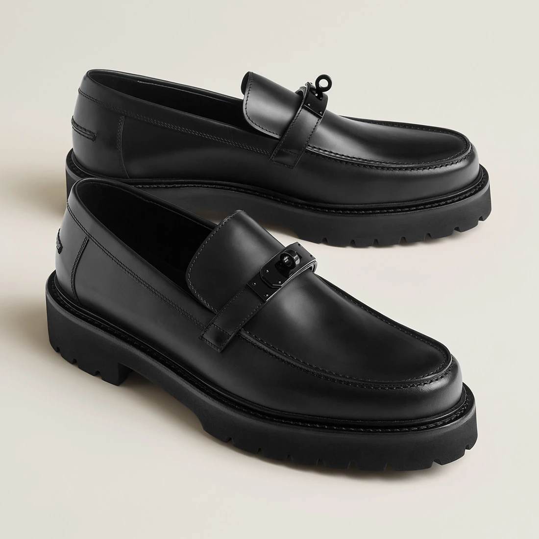 All-Black Hermès Men's Smooth Leather Lug-Sole Matte Lock Buckle Loafers