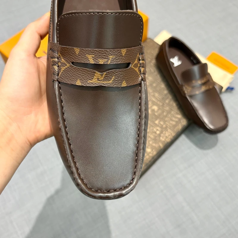 Smooth Dark Brown & Monogram Canvas Louis Vuitton Men's Leather Strap Loafers