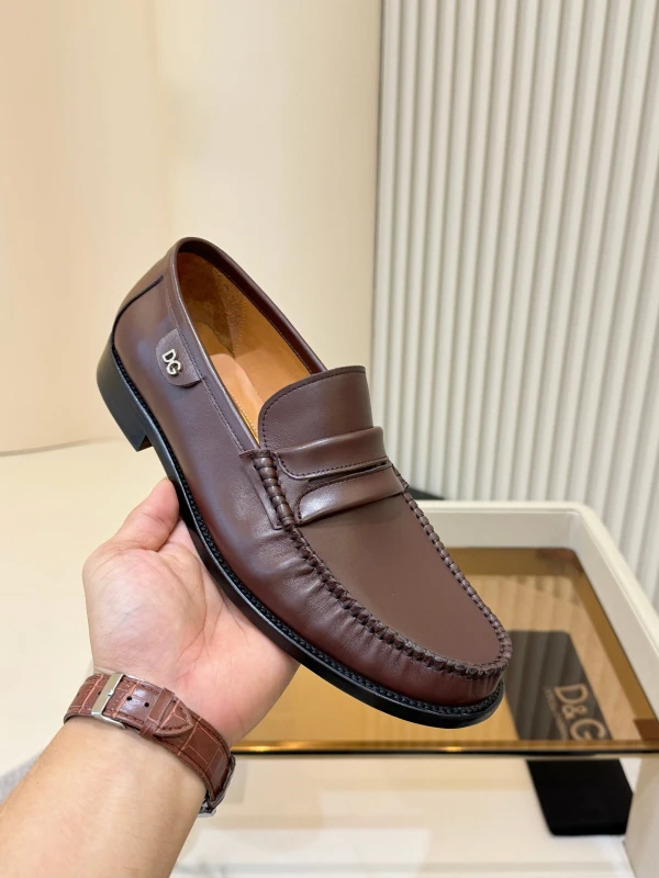 High-Shine Glossy Dark Brown Dolce & Gabbana Men's Leather Plaque Loafers