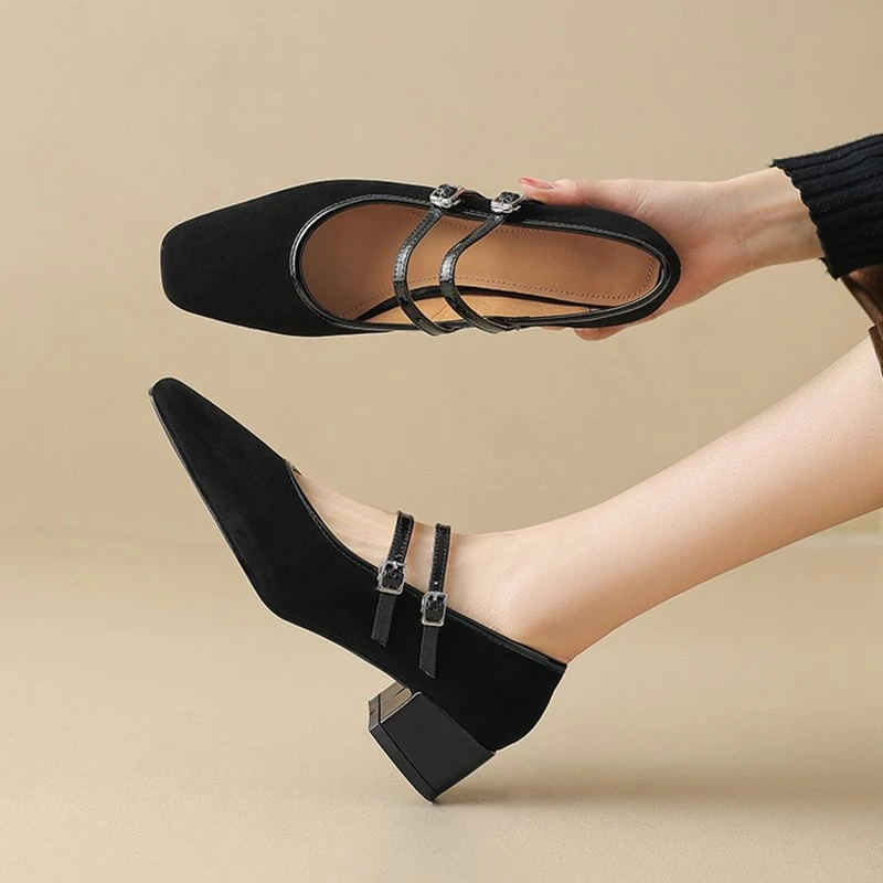 Retro Square Toe Mary Jane Pumps with Chunky Heel