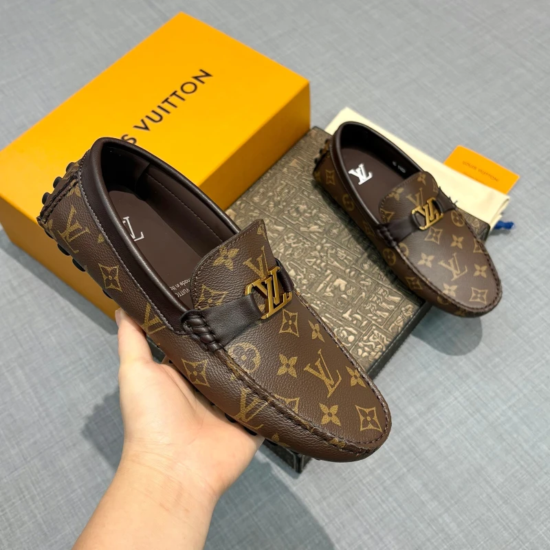 Classic Brown Monogram Louis Vuitton Men's Canvas & Leather LV Initial Buckle Loafers