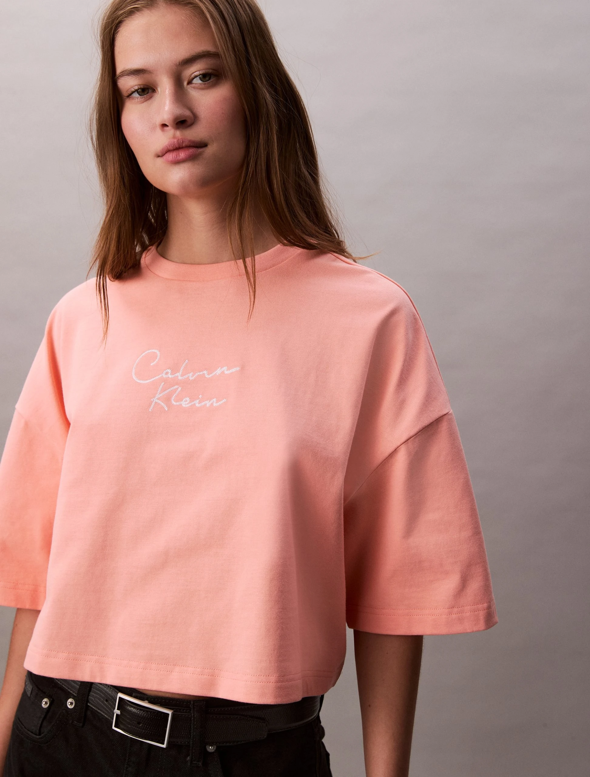 Calvin Klein Jeans Boxy Cropped Logo T-Shirt in Powder Orange