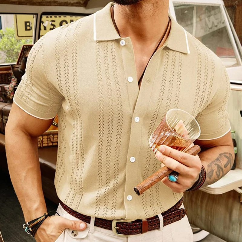 Men’s Retro Knit Polo – Short Sleeve Button-Up Shirt for Casual Summer Style