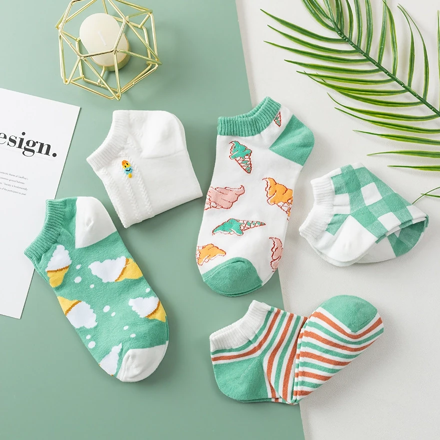 5 Pairs Fashionable Cute Cotton Ice Cream Ankle Socks for Women