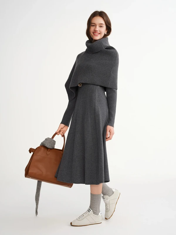 Plus Size Winter Knitted Cape Dress Set Elegant Two-Piece Mid-Calf Outfit