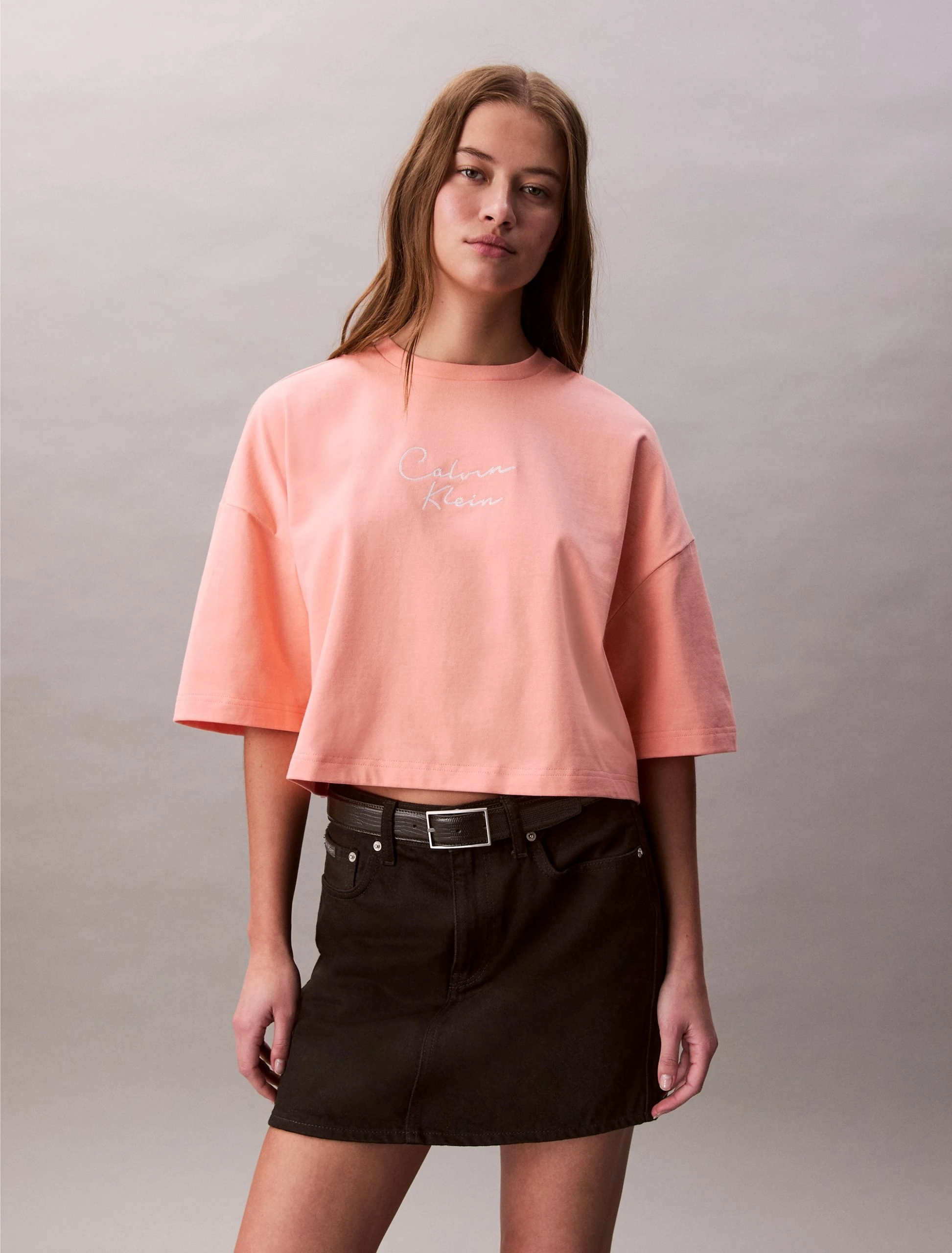 Calvin Klein Jeans Boxy Cropped Logo T-Shirt in Powder Orange