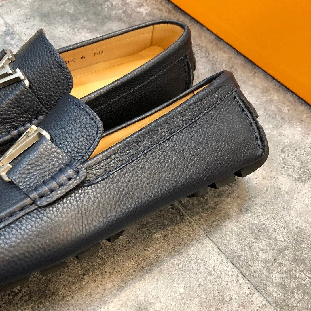 Textured Navy Blue Louis Vuitton Men's Grained Leather LV Initial Buckle Loafers