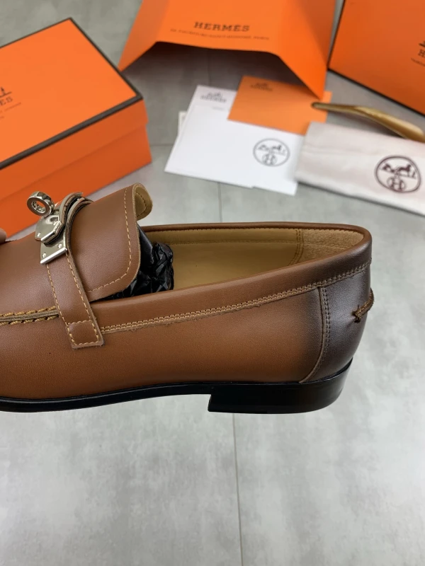Cognac Tan Brown Hermès Men's Smooth Leather Silver Lock Buckle Loafers