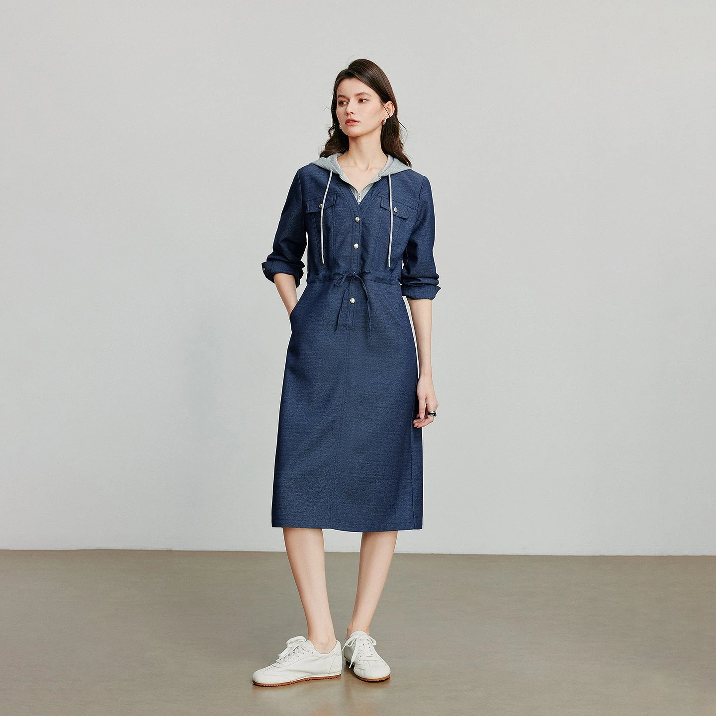 Women's Color Blocking Hooded Denim Workwear Mid-Length Dress