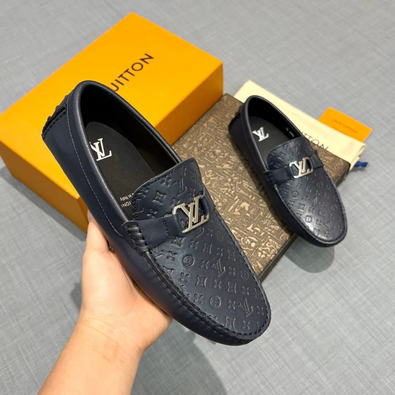 Monogram Embossed Navy Blue Louis Vuitton Men's Leather LV Initial Buckle Loafers